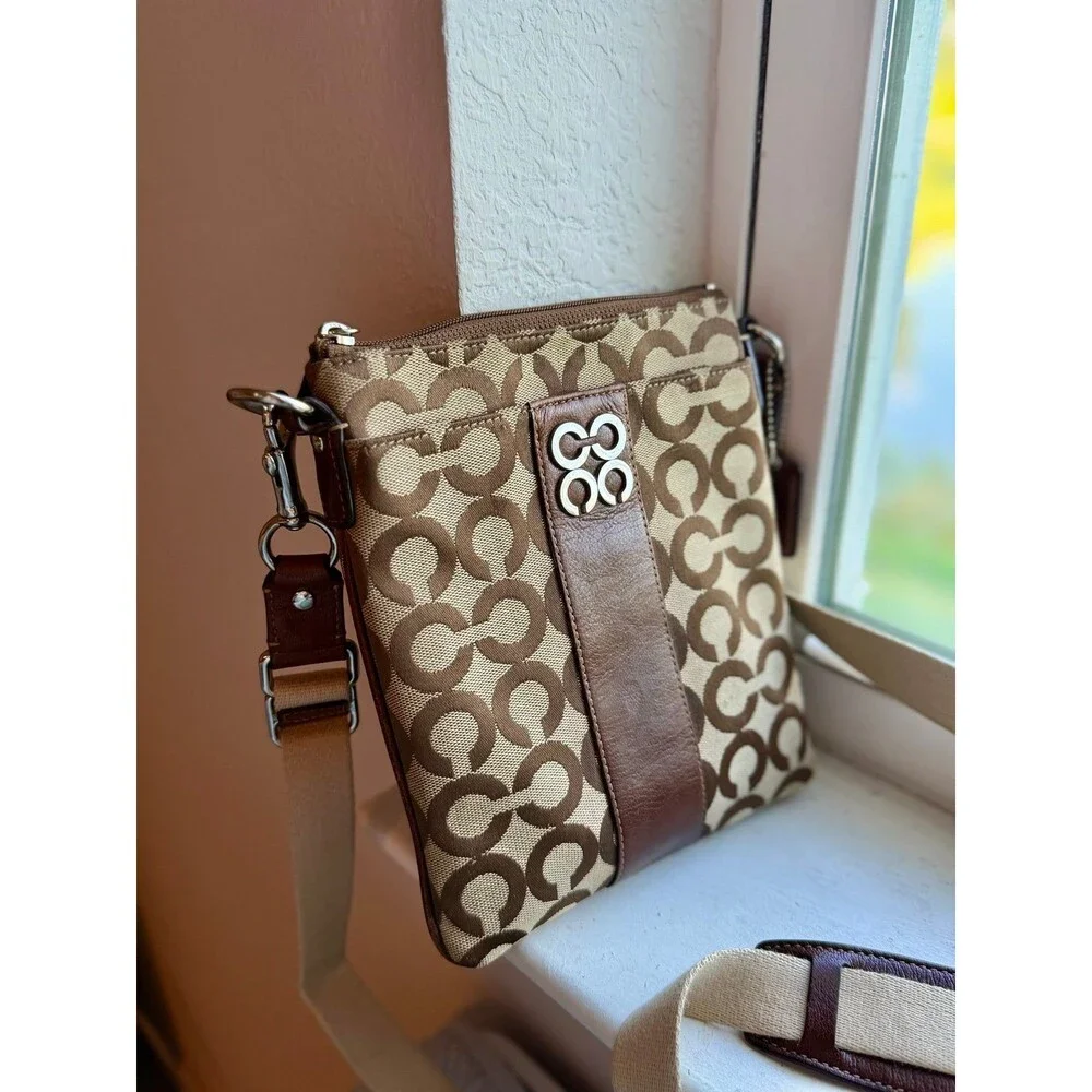 Coach 44245 Julia Op Art Signature Swingpack Crossbody in Khaki & Brown Leather